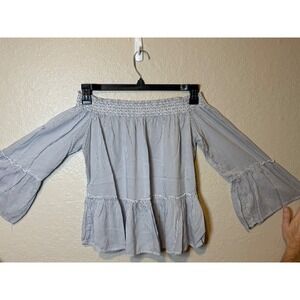 Girl Krazy Blue Striped Off Shoulder Bell Sleeve Top Womens Size M Medium